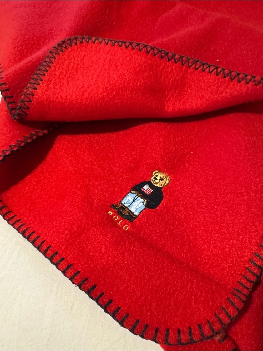 Vintage Polo Ralph Lauren Polo Bear Red Fleece Blanket Throw Black Stitching